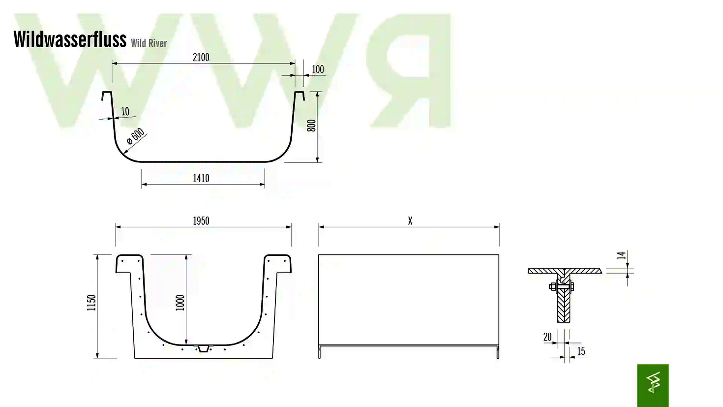 Technische Zeichnung der Abmessungen eines Wildwasserflusses.