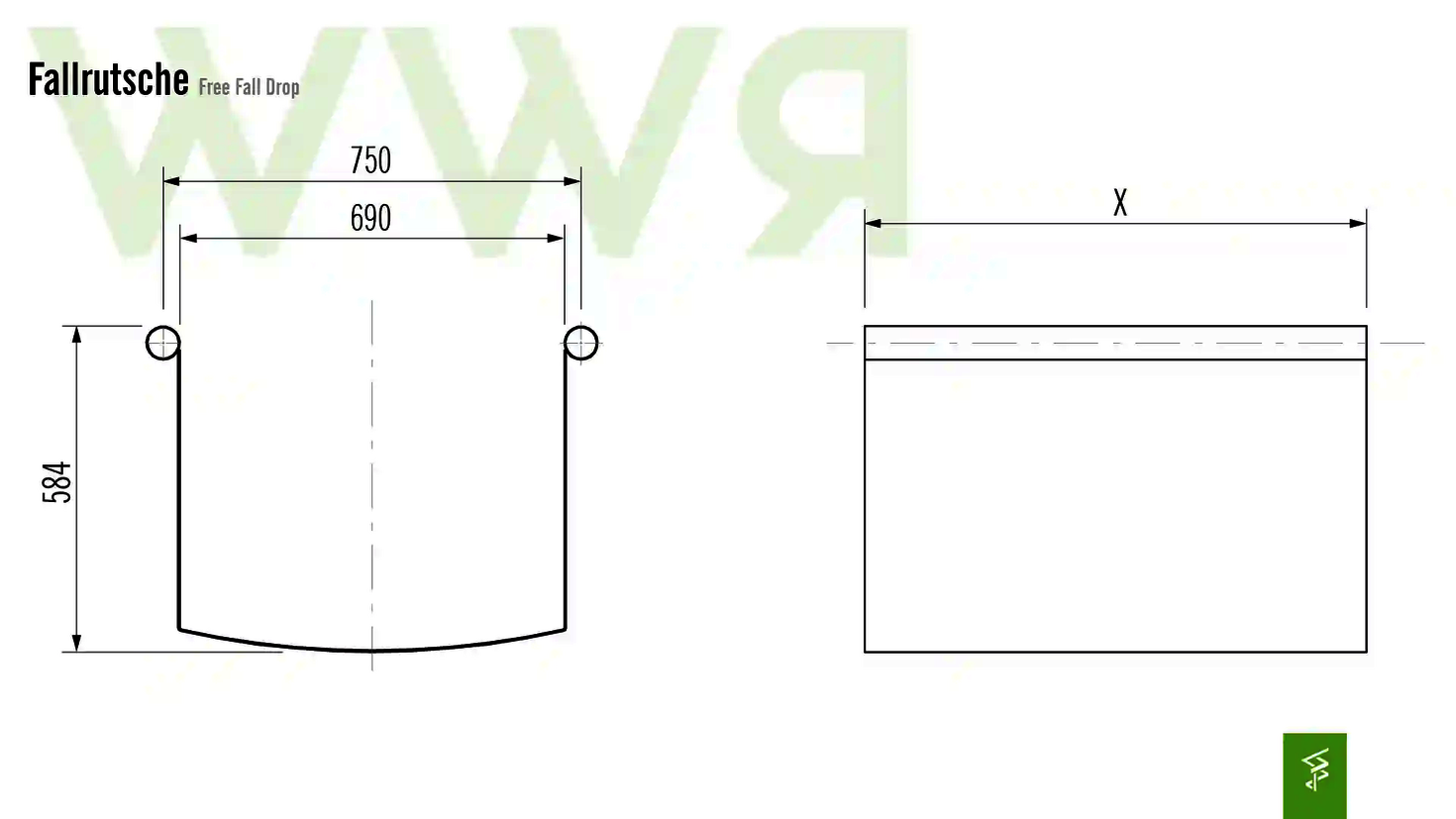 Technische Zeichnung mit Abmessungen der Fallrutsche.