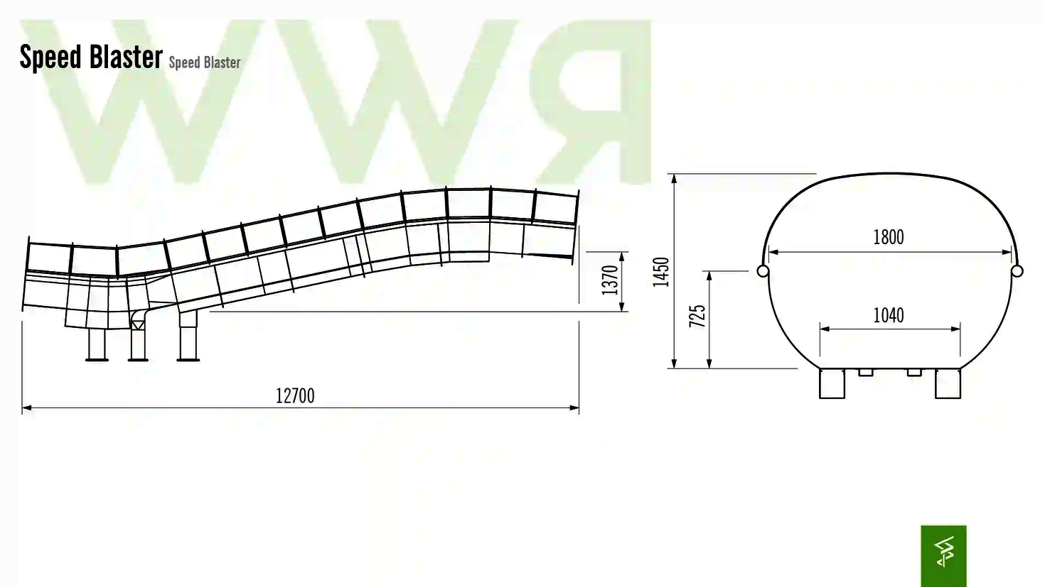 Technische Zeichnung der Abmessungen der Speed Blaster Wasserrutsche.