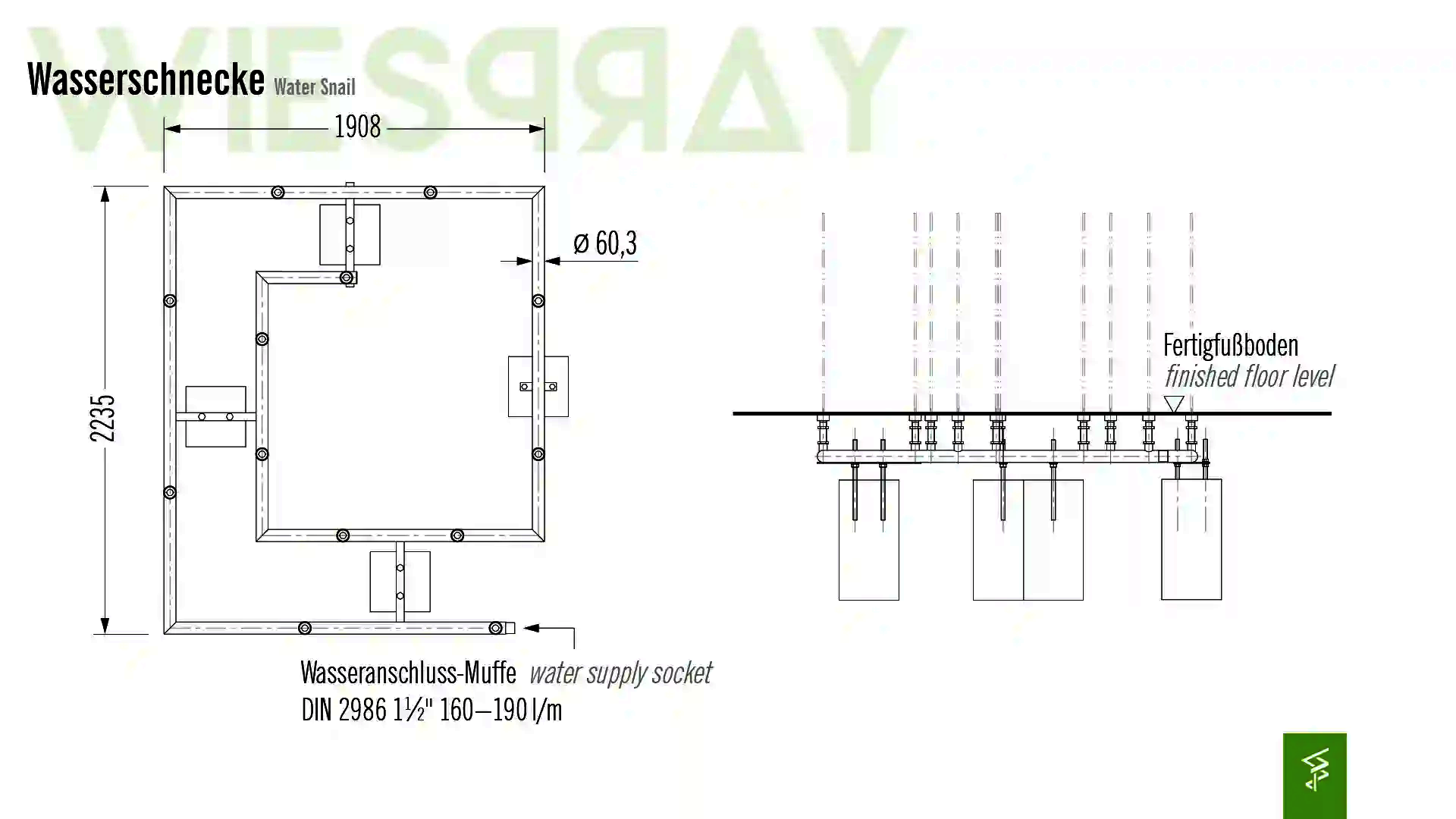 Technische Zeichnung der Abmessungen vom Wie-Spray Bauteil "Wasserschnecke".