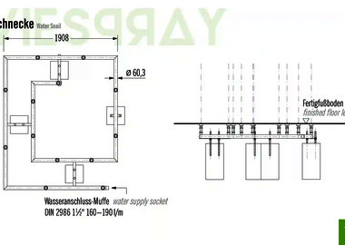 Technische Zeichnung der Abmessungen vom Wie-Spray Bauteil "Wasserschnecke".
