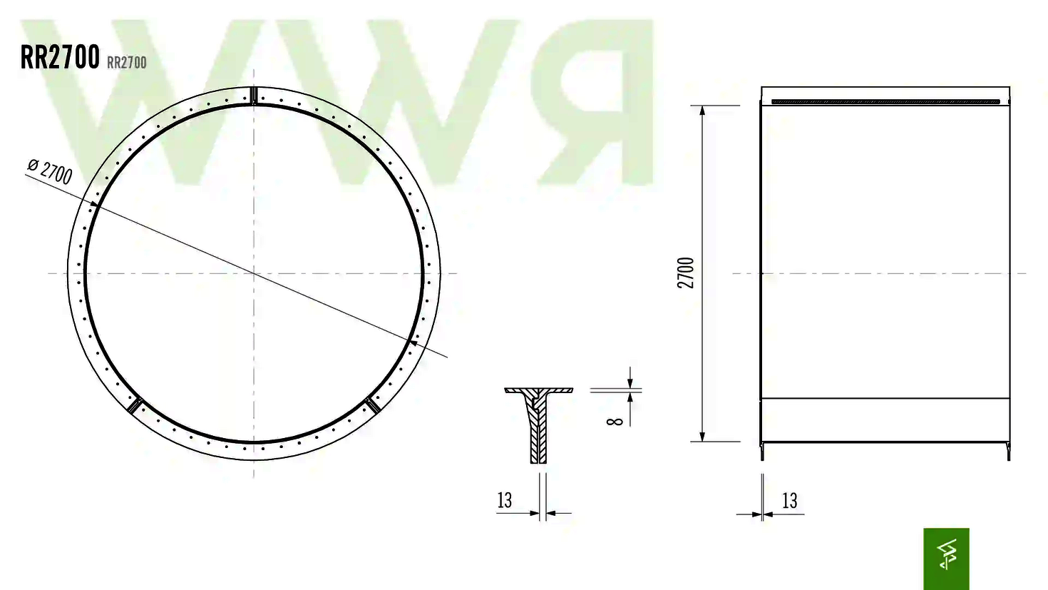 Technische Zeichnung der Abmessungen der RR2700 Wasserrutsche.