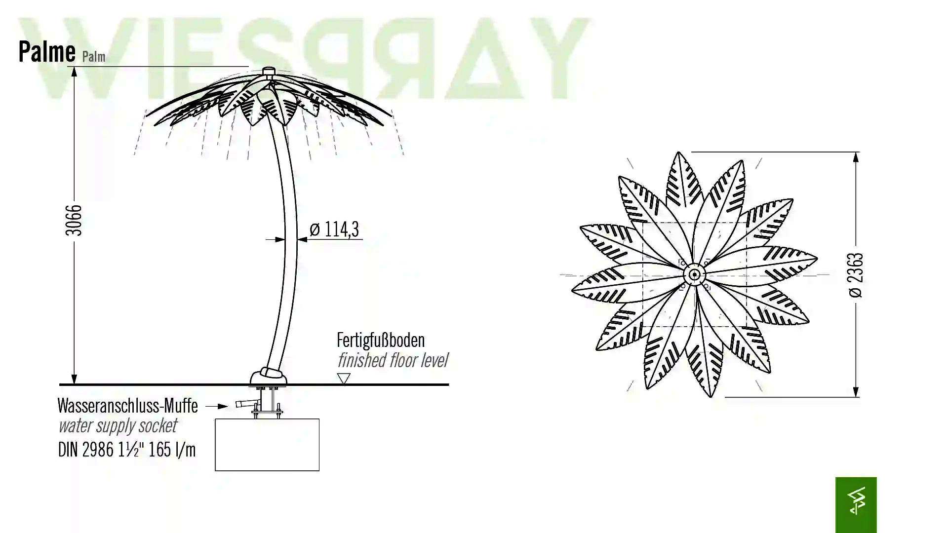 Technische Zeichnung der Abmessungen vom Wie-Spray Element "Palme".
