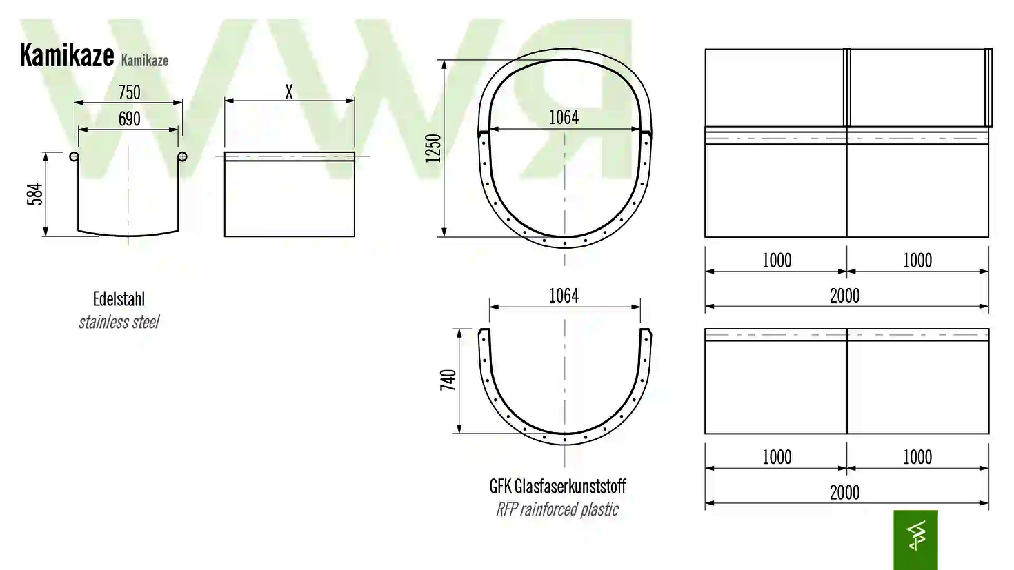 Technische Zeichnung der Abmessungen einer Kamikaze Wasserrutsche.