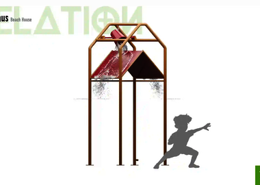 Relation der Dimensionen zwischen einem Kind und dem Wie-Spray Bauteil "Strandhaus".