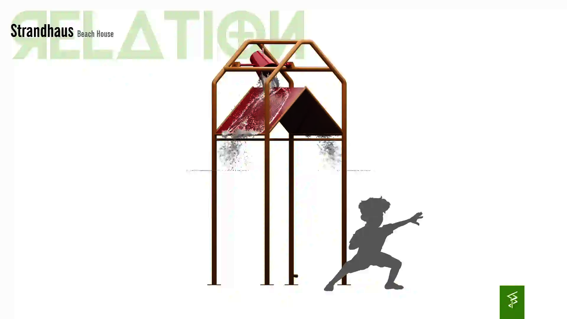 Relation der Dimensionen zwischen einem Kind und dem Wie-Spray Bauteil "Strandhaus".