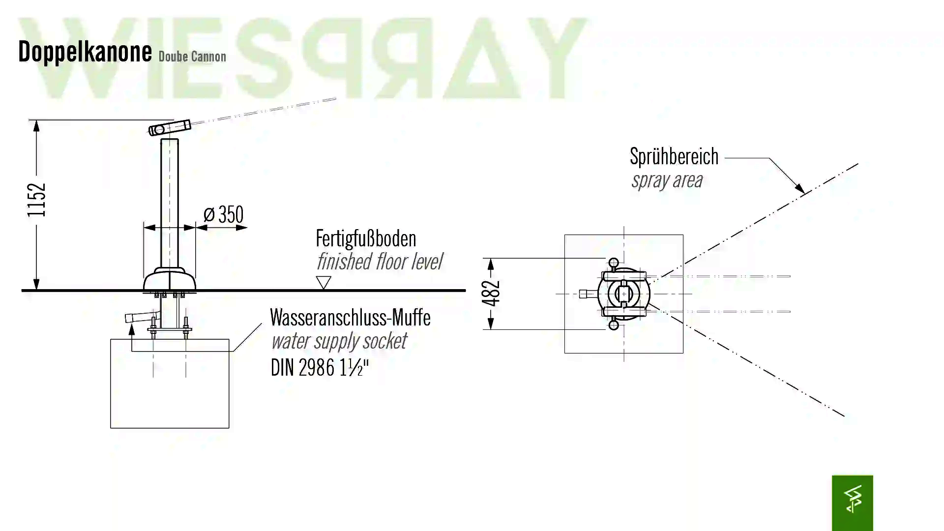 Technische Zeichnung der Abmessungen vom Wie-Spray Element "Doppelkanone".
