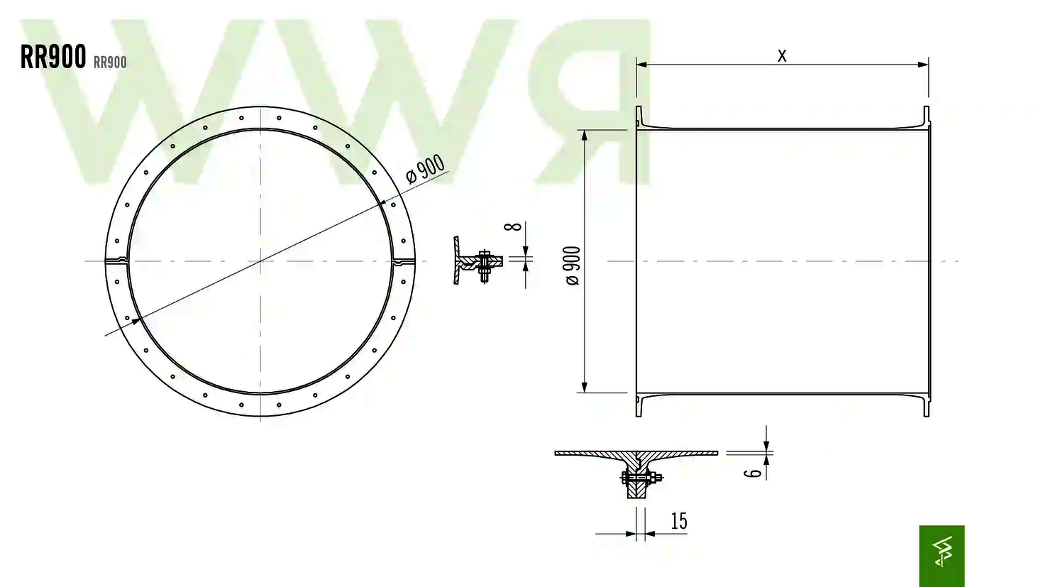 Technische Zeichnung der Abmessungen einer RR900.