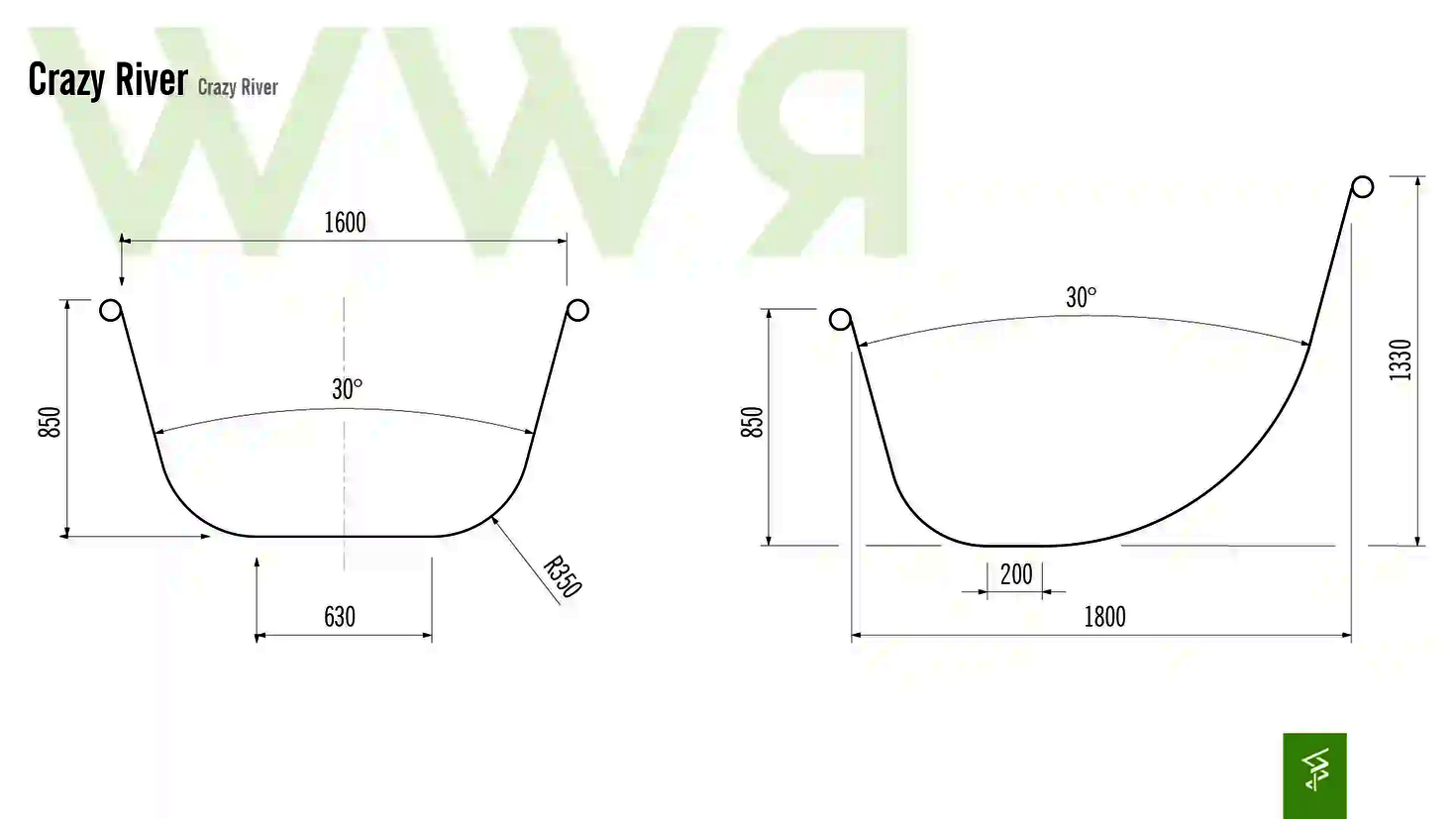 Technische Zeichnung der Abmessungen eines Crazy Rivers.