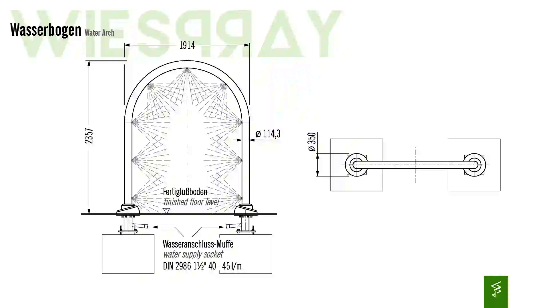 Technische Zeichnung der Abmessungen vom Wie-Spray Bauteil "Wasserbogen".