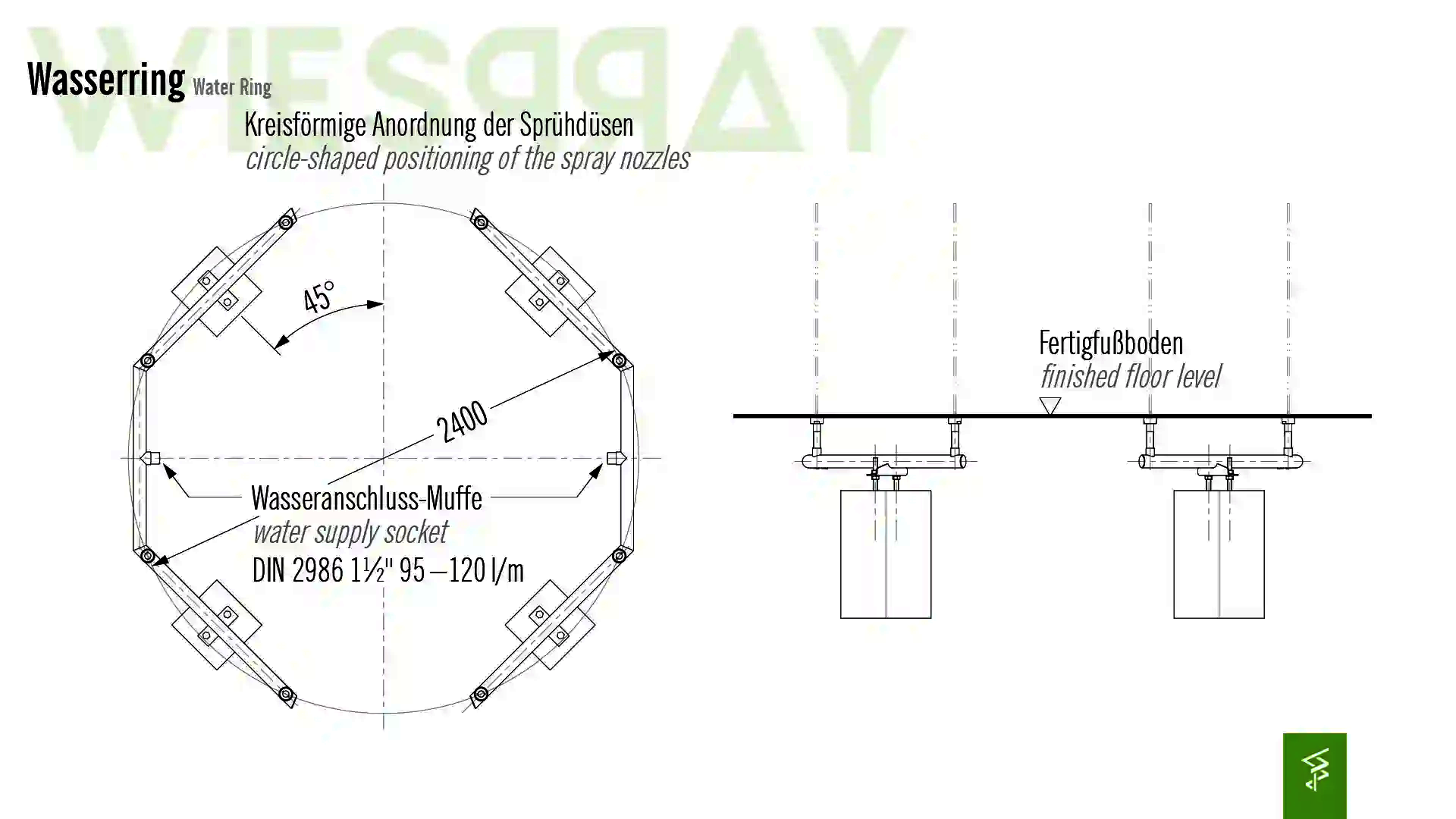 Technische Zeichnung der Abmessungen vom Wie-Spray Bauteil "Wasserring".