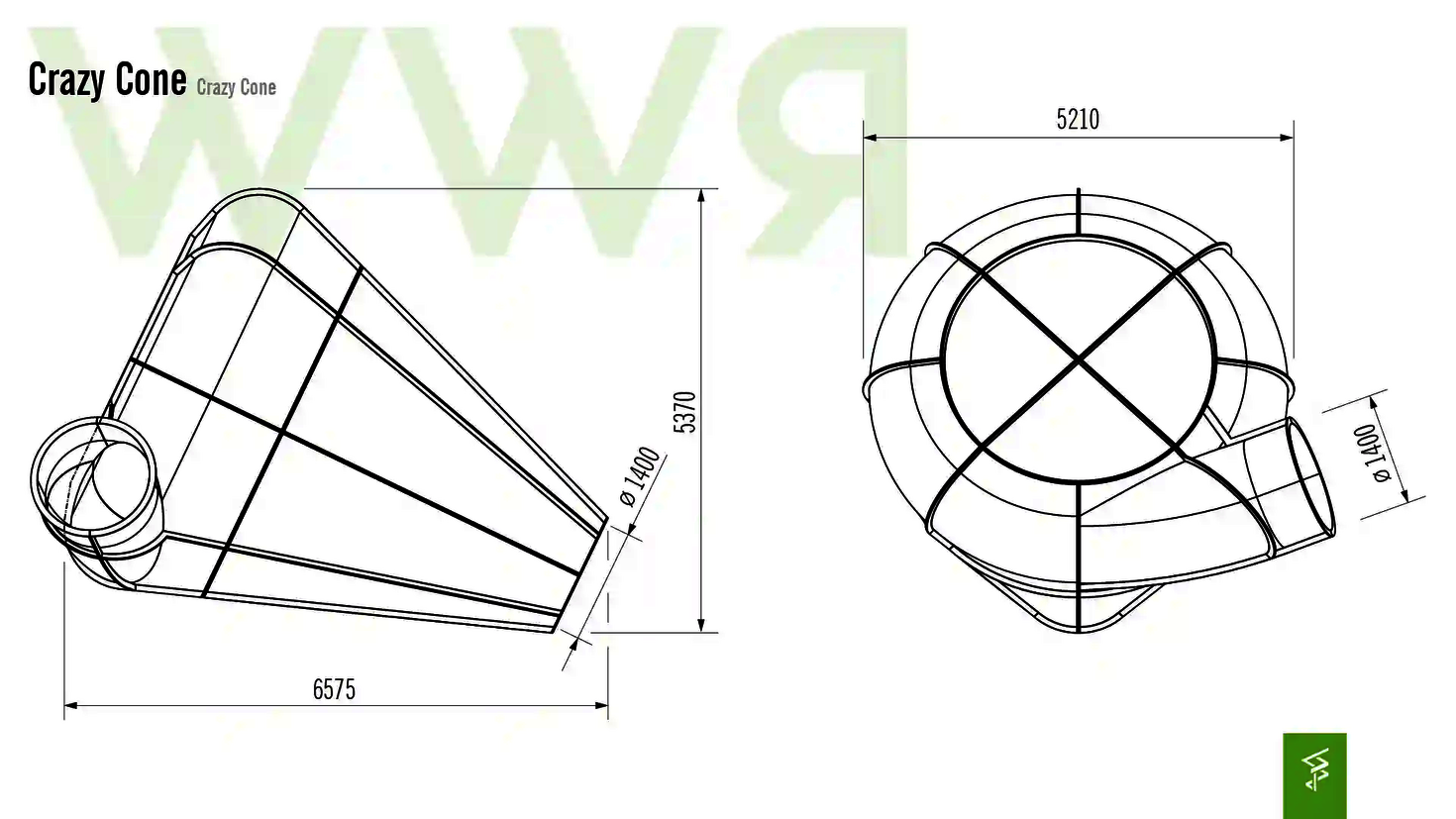 Technische Zeichnung der Abmessungen einer Crazy Cone Wasserrutsche.