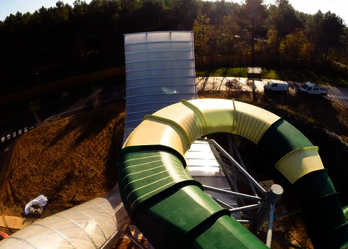 Obere Ansicht der grün-beigen Family Twister Röhren am Waldrand.