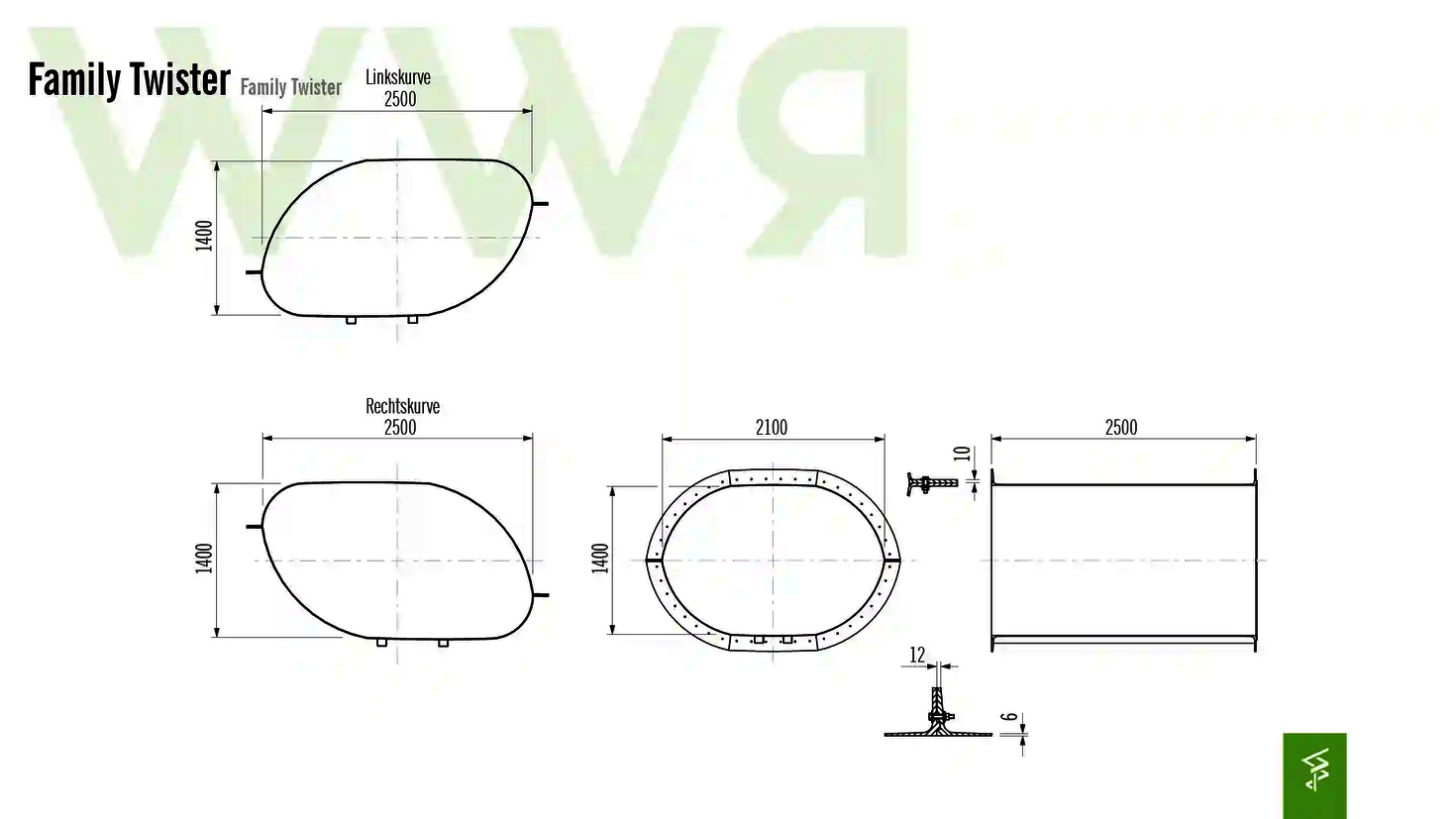 Technische Zeichnung der Abmessungen der Family Twister Wasserrutsche.