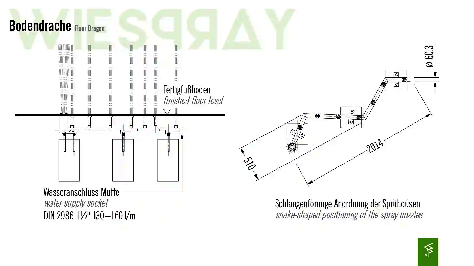 Technische Zeichnung der Abmessungen vom Wie-Spray Bauteil "Bodendrache".