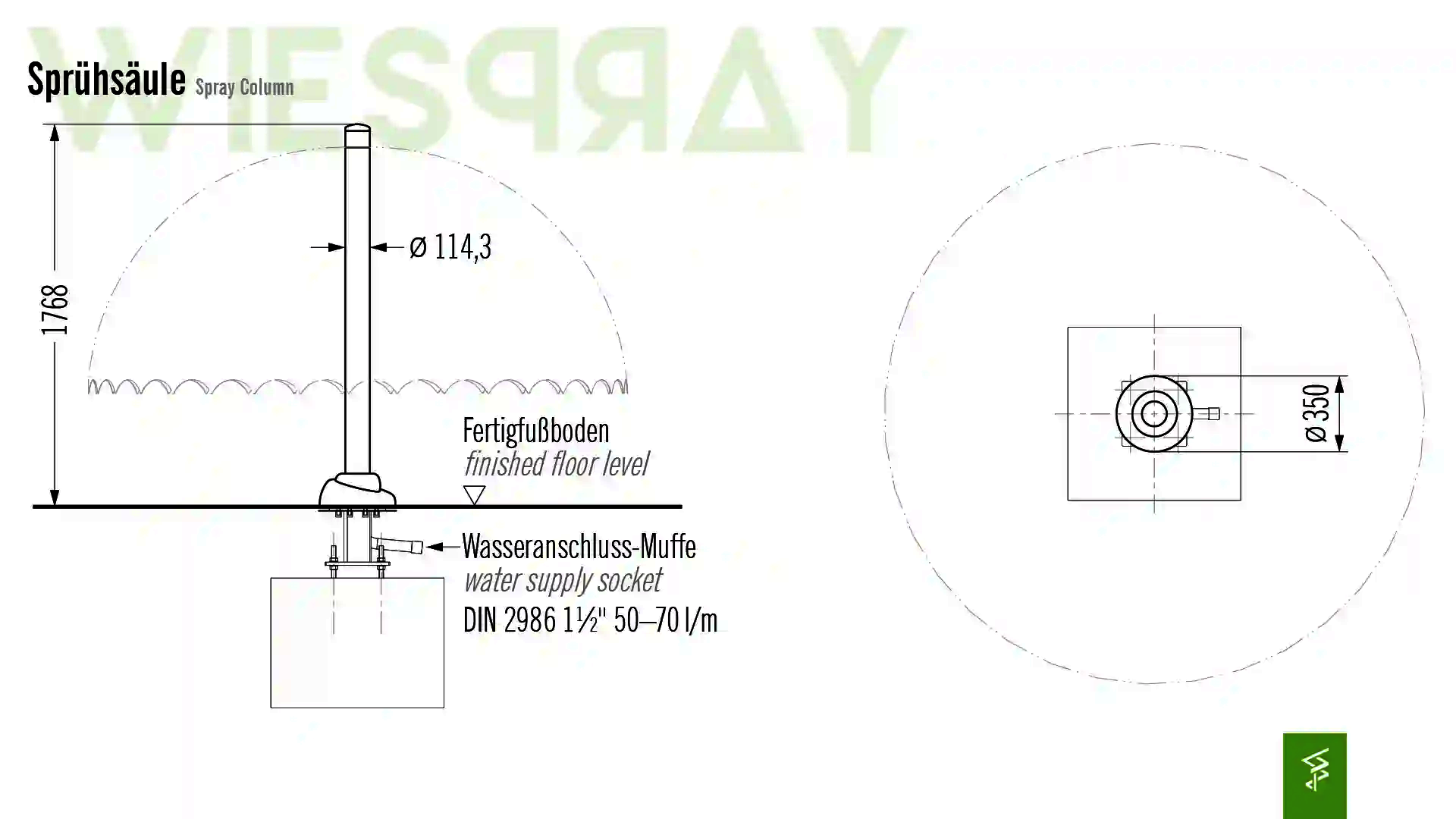Technische Zeichnung der Abmessungen vom Wie-Spray Bauteil "Sprühsäule".