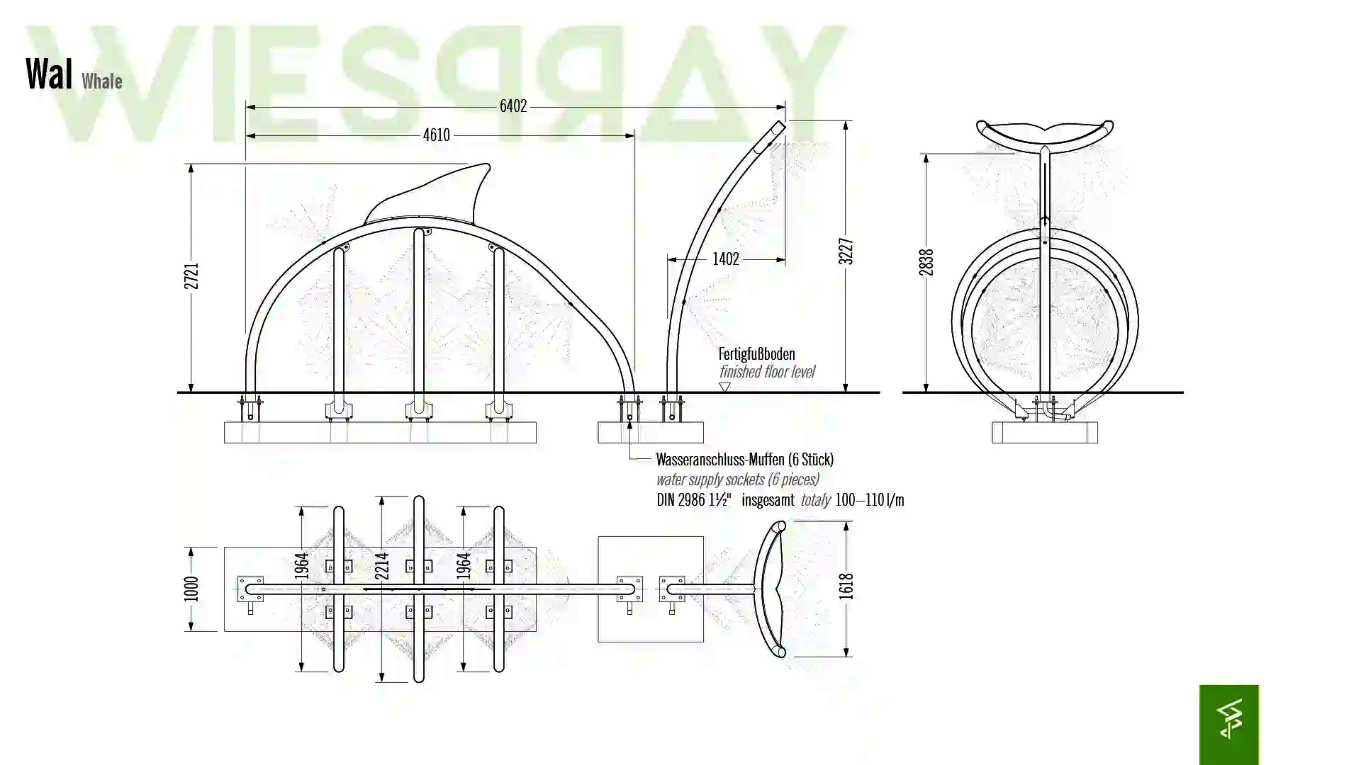 Technische Zeichnung der Abmessungen vom Wie-Spray Bauteil "wal".
