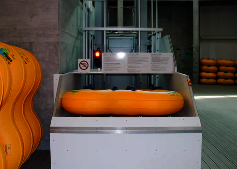 Nahaufnahme einer Reifenförderanlage mit Anleitung in mehreren Sprachen und roter Ampel.