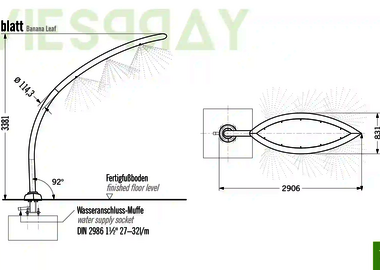 Technische Zeichnung der Abmessungen vom Wie-Spray Bauteil "Bananenblatt".