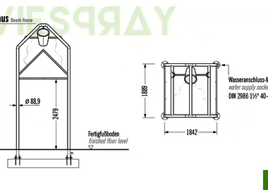 Technische Zeichnung der Abmessungen vom Wie-Spray Element "Strandhaus".