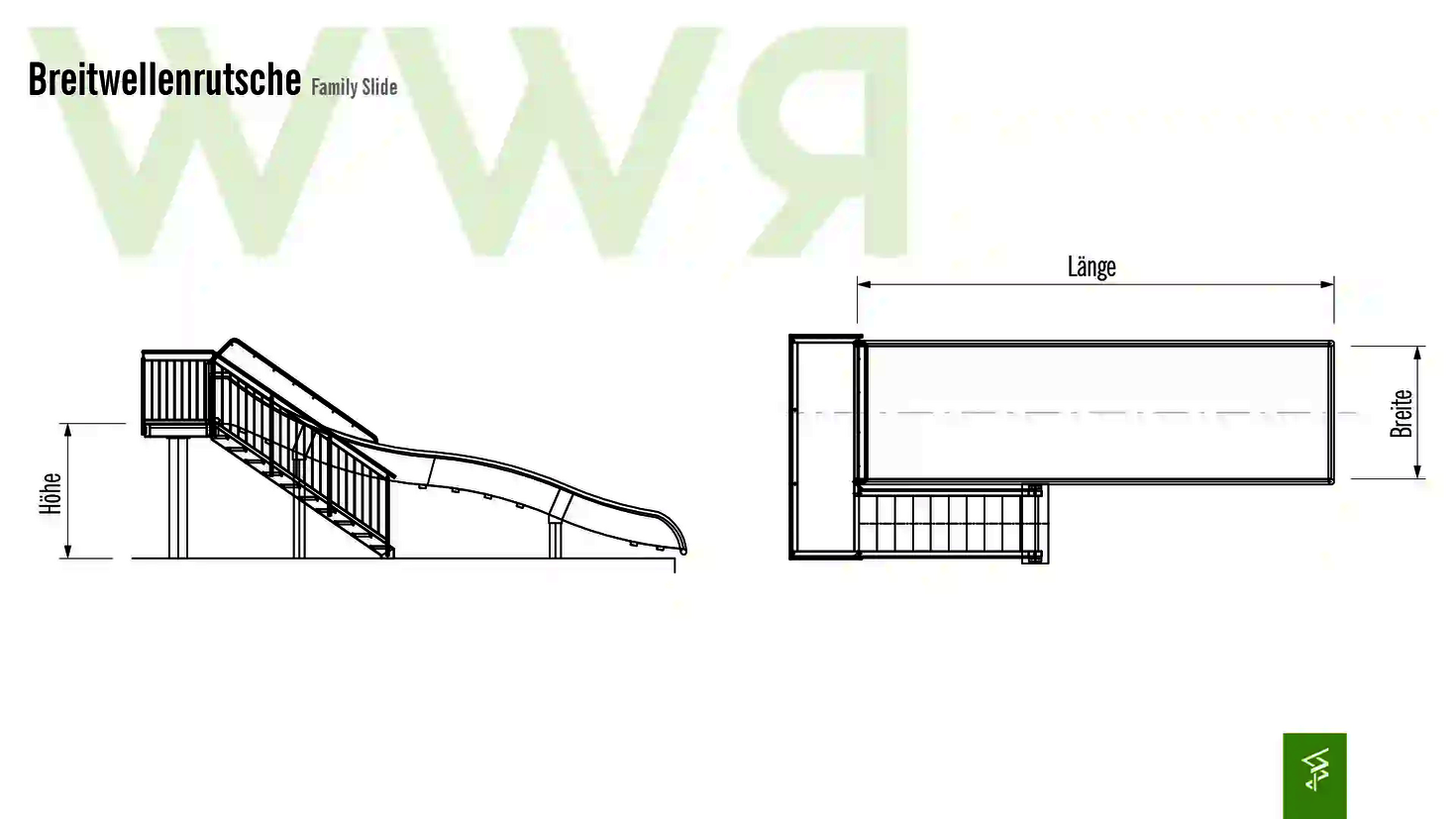 Technische Zeichnung der Abmessungen einer Breitwellenrutsche.