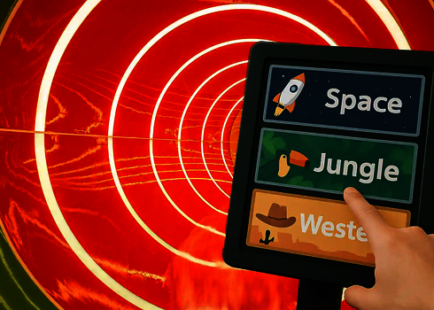 Finger tippt auf Display mit Themenauswahl „Space“, „Jungle“ und „Western“ vor roter Rutschenröhre.