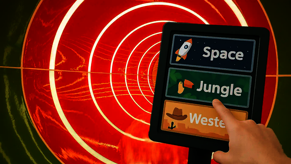Finger tippt auf Display mit Themenauswahl „Space“, „Jungle“ und „Western“ vor roter Rutschenröhre.