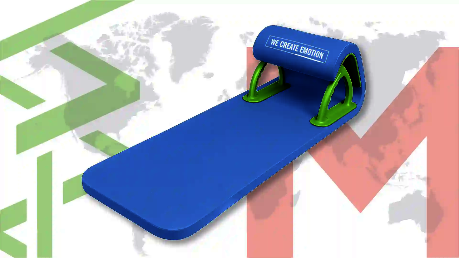 Blue slide mat with green handles on a white background with a map of the world.