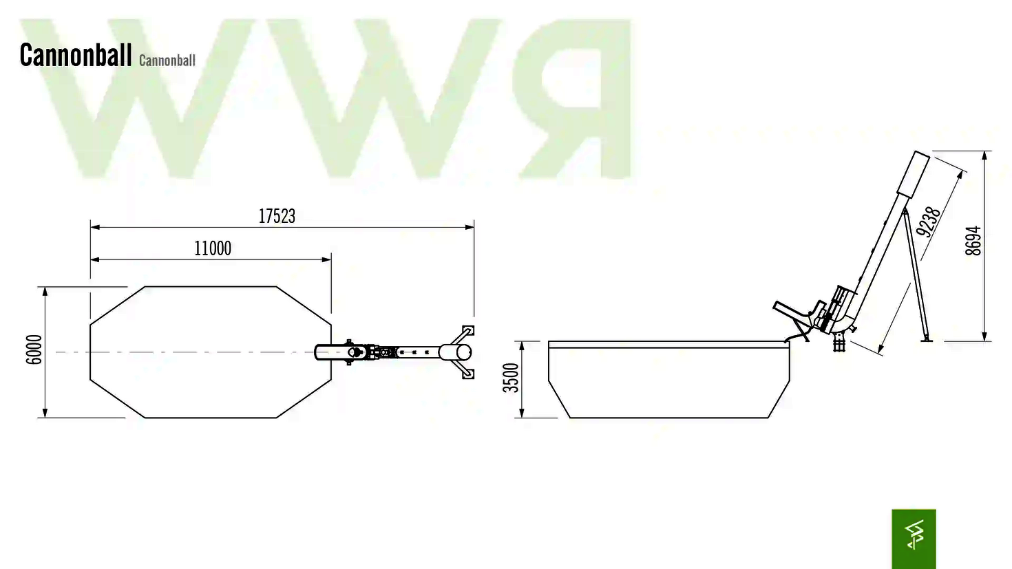 Technische Zeichnung der Abmessungen eines Cannonballs.