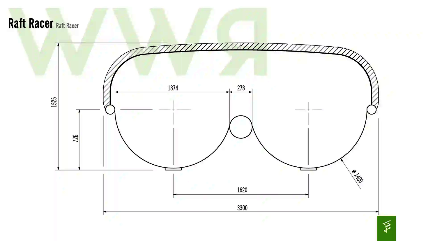 Technische Zeichnung der Abmessungen einer Raft Racer Wasserrutsche.