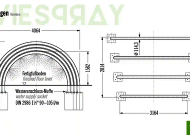 Technische Zeichnung der Abmessungen vom Wie-Spray Bauteil "Regenbogen".