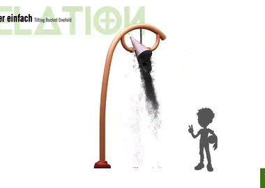 Relation der Dimensionen zwischen einem Kind und dem Wie-Spray Element "Kippeimer einnfach".