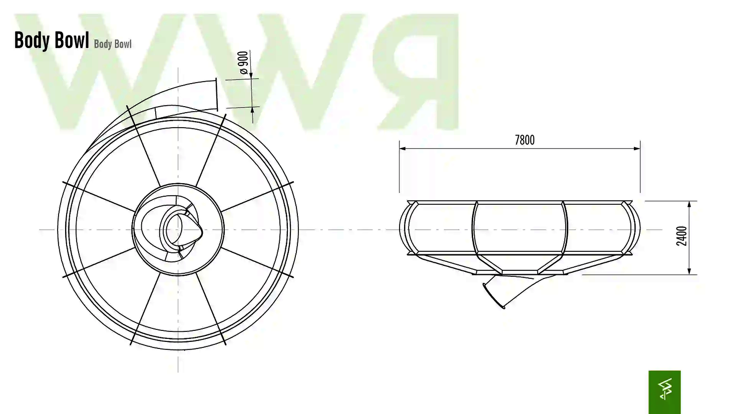 Technische Zeichnung der Abmessungen einer Body Bowl Wasserrutsche.