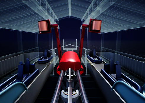 3D Animation der Slide-Coaster-Station mit blauen Booten und rotem Startsystem unter transparentem Dach.