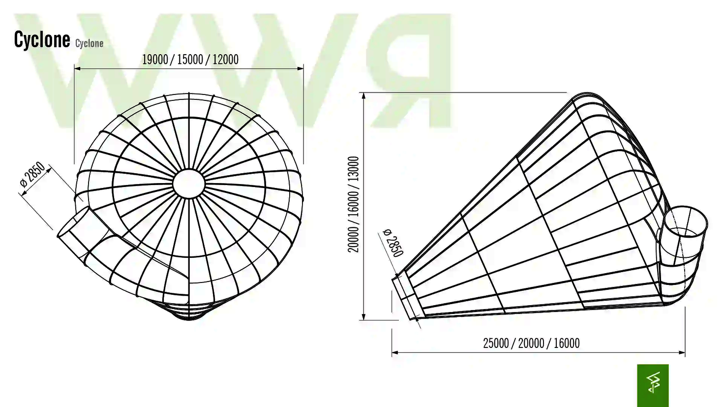 Technische Zeichnung der Abmessungen der Cyclone Wasserrutsche.