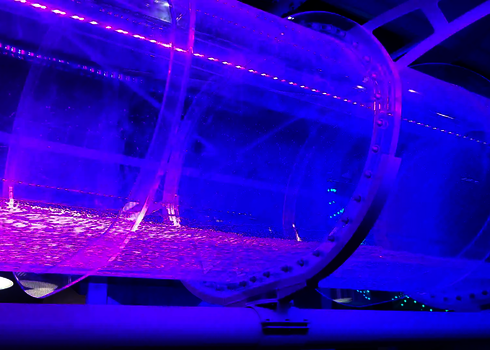 Eine beleuchtete Acryl-Wasserrutsche mit pink-violettem Lichteffekt im Innenbereich.