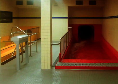 Slide exit with strong water flow and red pool in a tiled bathroom environment.