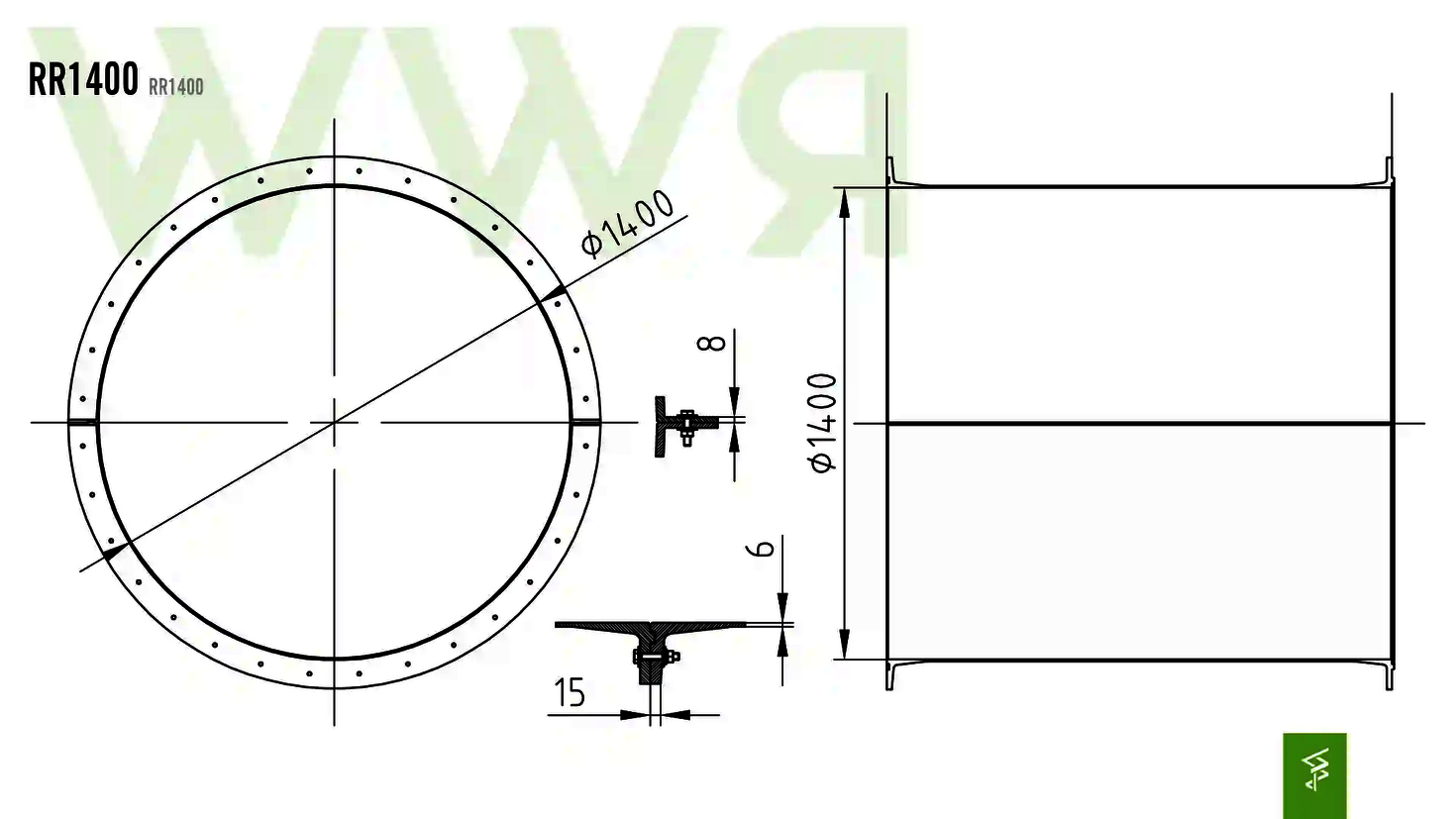 Technische Zeichnung der Abmessungen einer RR1400 Wasserrutsche.