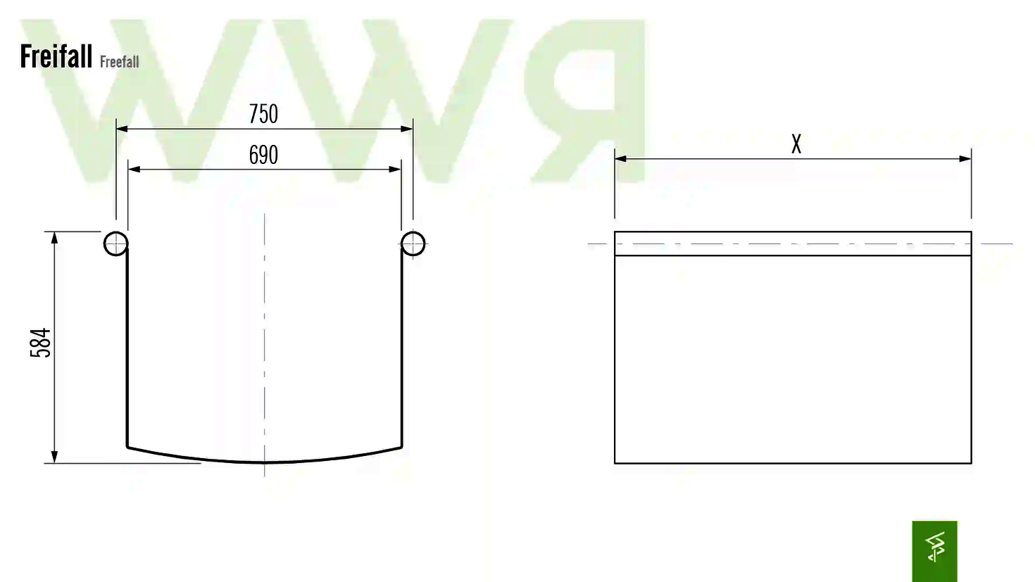 Technische Zeichnung der Abmessungen einer Freifall Wasserrutsche.