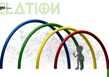 Relation der Dimensionen zwischen einem Kind und dem Wie-Spray Element "Regenbogen".