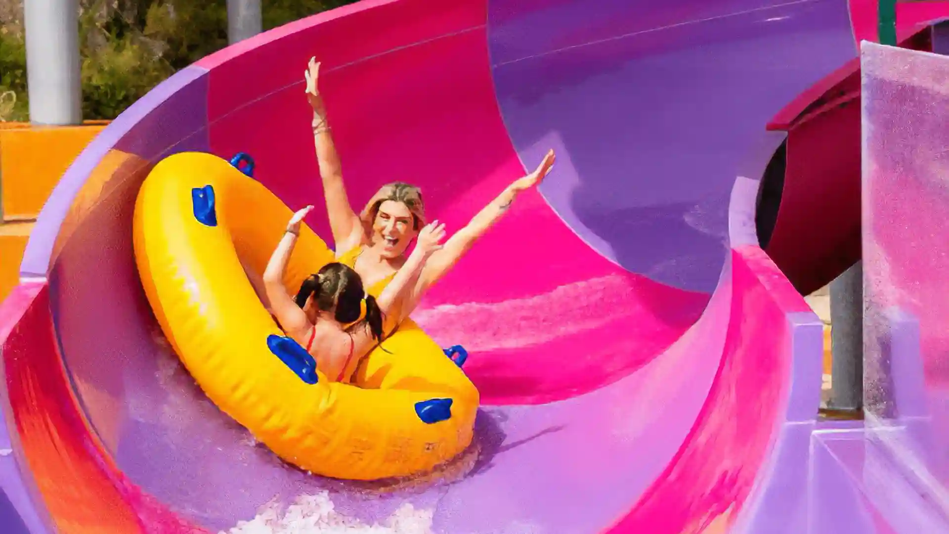 Eine Frau und ein Kind fahren lachend in einem Rutschreifen auf der Wasserrutsche RR2050.